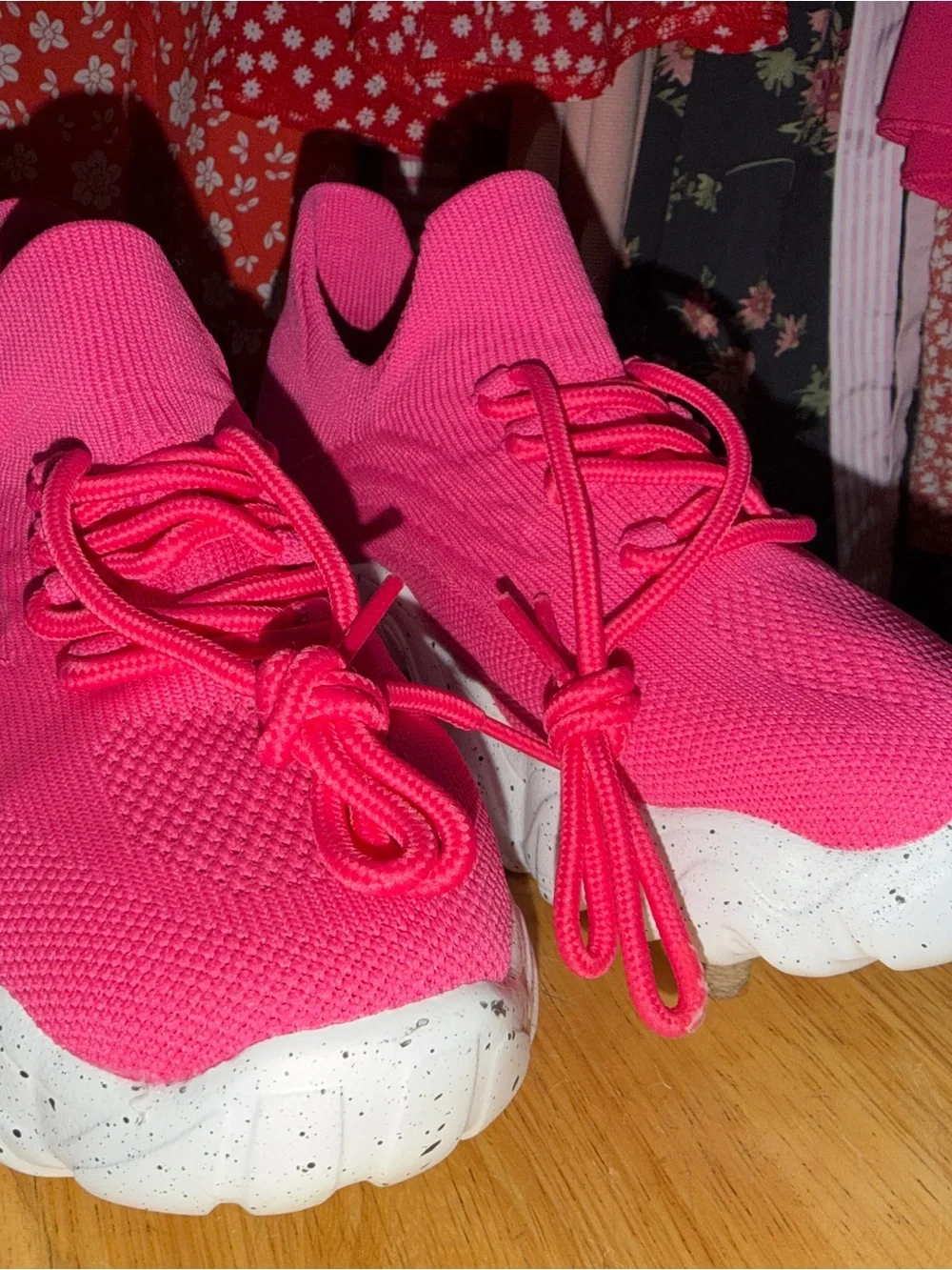Hot Pink Knit Slip-On Athletic Sneakers with Cushioned White Speckled Sole